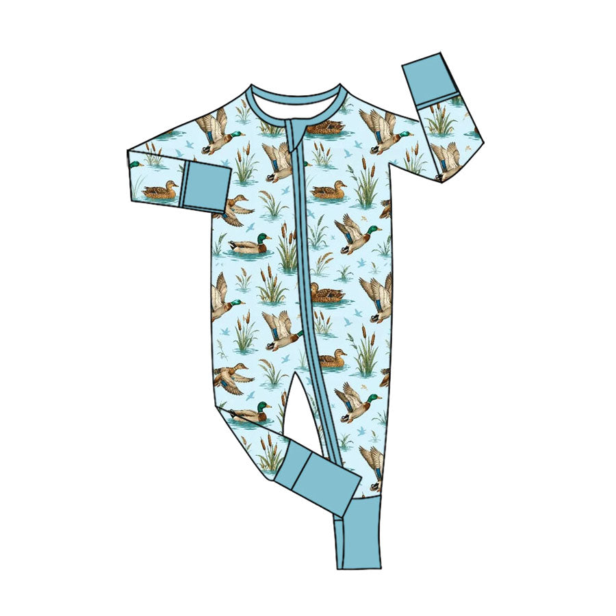 Preorder (moq 5) Baby Boy Clothes Light Blue Duck Pond Reed Print Long Sleeve Zipper Romper