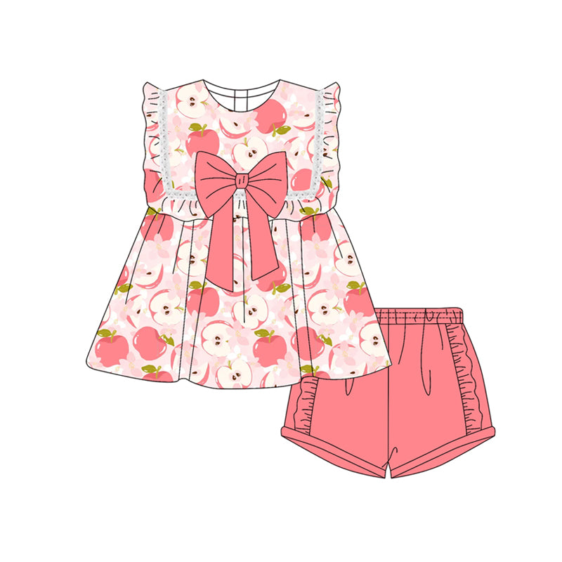 Preorder moq 5 Baby Girls Peach Sleeveless Apples Bow Tunic Ruffle Short Set