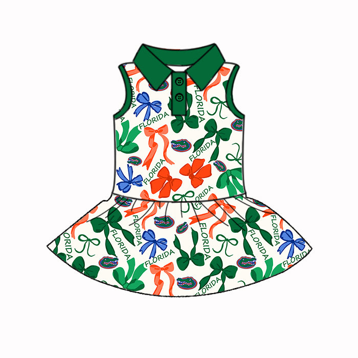 Preorder (moq 5)Baby Girls Green Sleeveless Bows Plaid Florida Button Team Knee Length Dresses