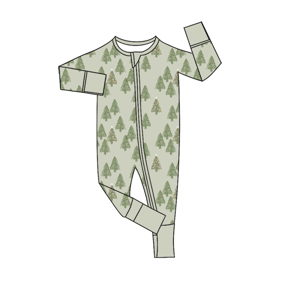 Preorder (moq 5)Baby Girls Green Trees Christmas Two Way Zip Convertible Rompers