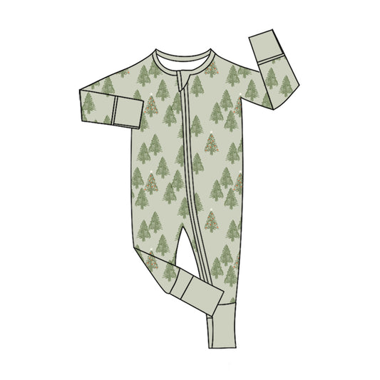 Preorder (moq 5)Baby Girls Green Trees Christmas Two Way Zip Convertible Rompers