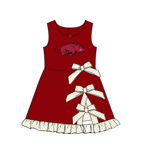 Preorder (custom moq 5)Baby Girls Sleeveless Arkansas Short Bows Ruffle Team Knee Length Dress