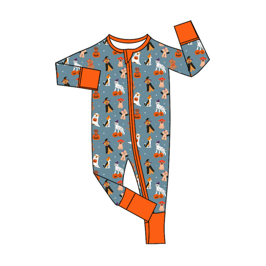 Preorder (moq 5)Baby Boys Ghost Pumpkins Dogs Halloween Two Way Zip Convertible Rompers