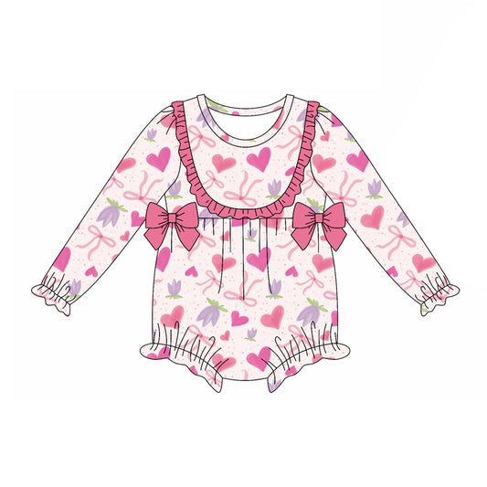 Preorder(moq 5)Baby Girls Pink Hearts Bows Flowers Ruffle Rompers