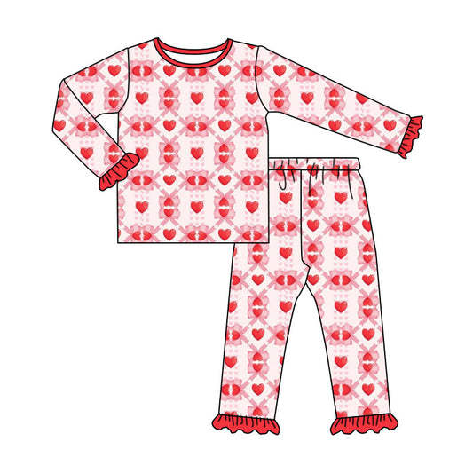 Preorder (moq 5) Baby Girl Clothes Red Bow Heart Lattice Mixed Print Long Sleeve Ruffle Pajama Set