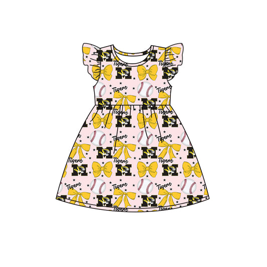 Preorder (moq 5)Baby Girls Flutter Sleeves Baseballs Bows M Tiger Team Knee Length Dresses