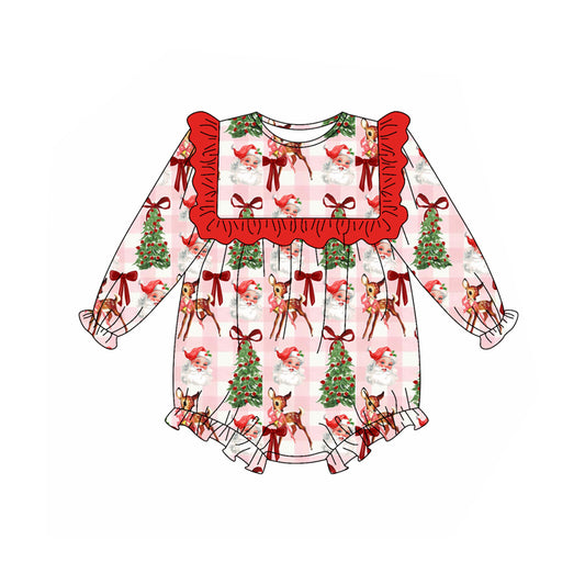 Preorder (moq 5)Baby Girls Red Plaid Long Ruffle Sleeves Santa Trees Deer Rompers