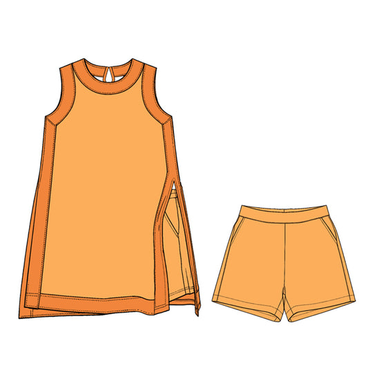 Preorder moq 5 Baby Girls Orange Split Tunic Pockets Short Clothes Sets