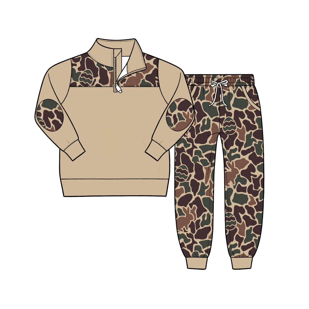 Pre-order(moq5) Boys Easter Casual 2Pcs Outfit Quarter Zip Sweatshirt Jogger Pants Set Camo Bunny Patchwork Print