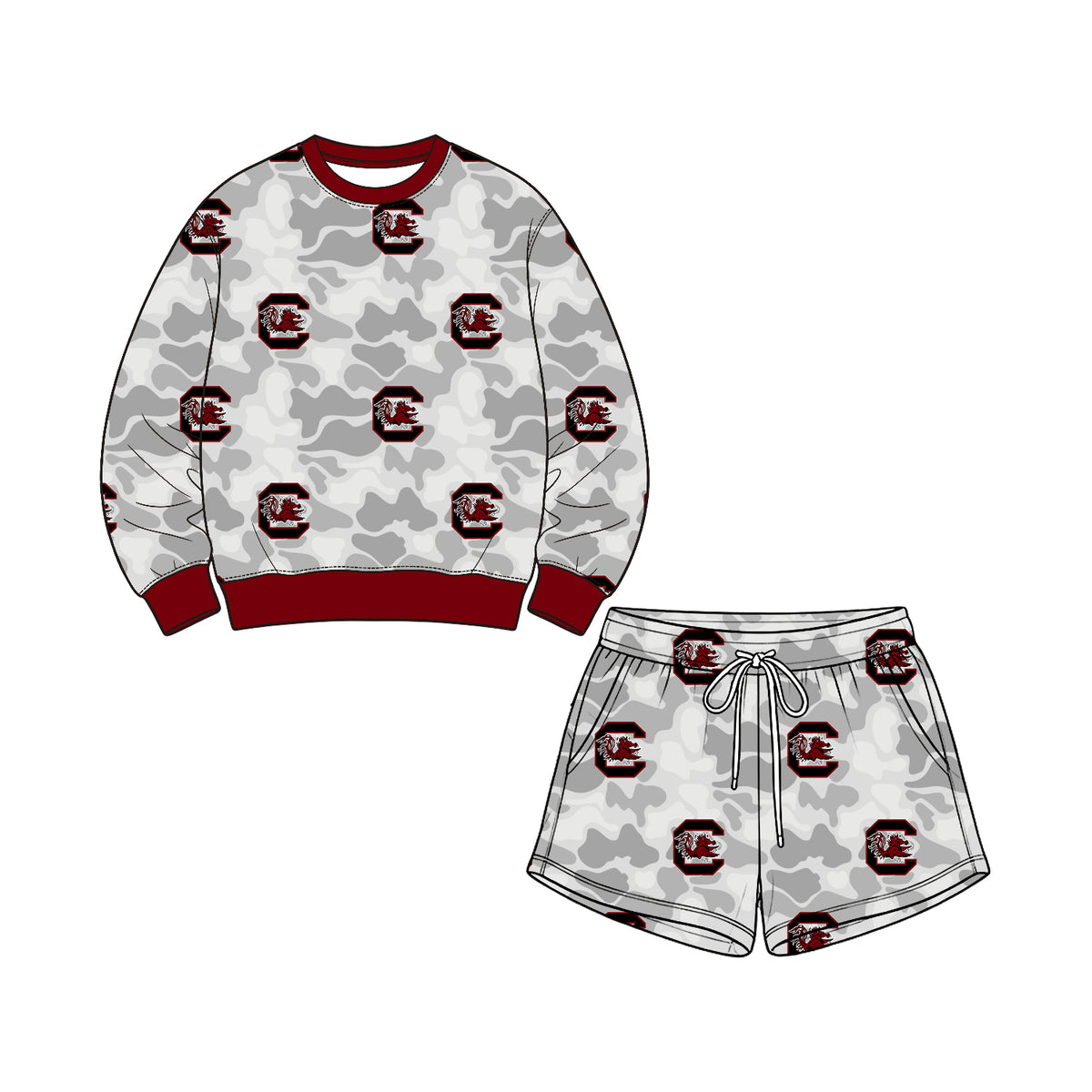 Preorder (moq 5) Baby Girl Clothes South Carolina Gamecocks Camo Logo Print Long Sleeve Top Drawstring Shorts Outfit Set
