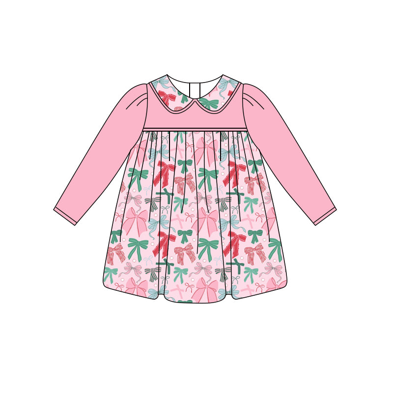 Preorder (moq 5)Baby Girls Pink Long Sleeves Colorful Bows Knee Length Dresses