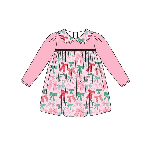 Preorder (moq 5)Baby Girls Pink Long Sleeves Colorful Bows Knee Length Dresses