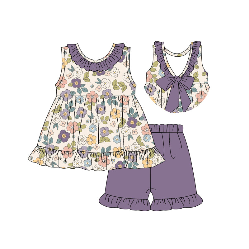 Preorder (moq 5)Baby Girls Sleeveless Purple Floral Round Collar Tunic Ruffle Shorts Clothes Sets