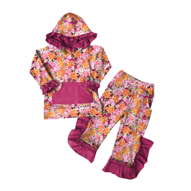Preorder (moq 5)Baby Girls Colorful Flowers Hoodie Pocket Top Ruffle Pant Clothes Sets