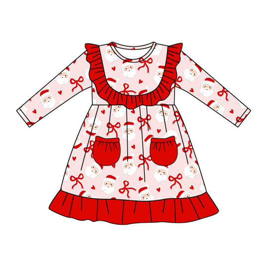 Preorder (moq 5)Baby Girls Red Long Sleeves Bows Santa Pockets Ruffle Knee Length Dresses