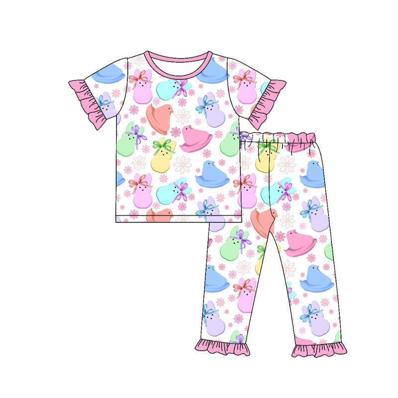 Preorder(moq 8)Baby Girls Colorful Rabbits Chicks Flowers Top Ruffle Pants Easter Pajamas Set