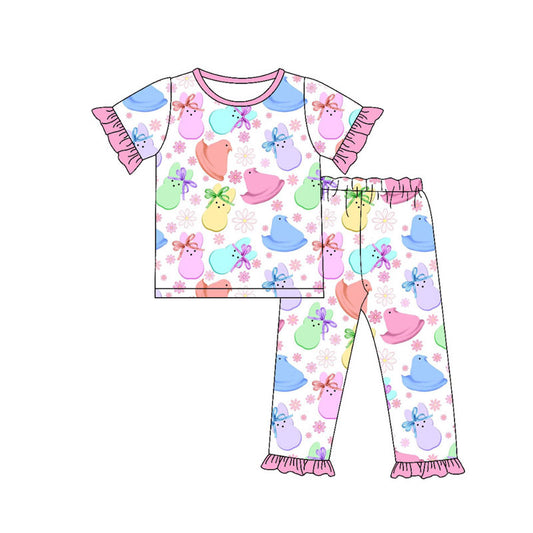 Preorder(moq 8)Baby Girls Colorful Rabbits Chicks Flowers Top Ruffle Pants Easter Pajamas Set