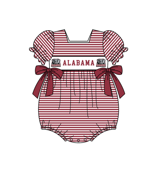 preorder(moq 5) Baby Girls Red Short Sleeve Alabama Team Stripe Ruffle Rompers