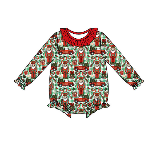 Preorder (moq 5)Baby Girls Long Sleeve Bows Soldiers Christmas Ruffle Rompers