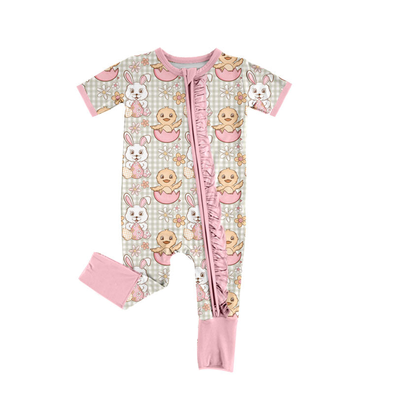 Preorder (moq 5) Baby Girl Clothes Easter Bunny Duck Gingham Mixed Print Short Sleeve Zipper Ruffle Baby Romper