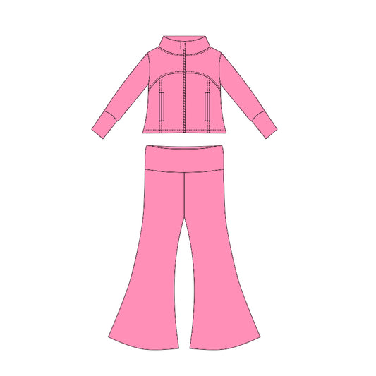 Preorder moq 10 Baby Girls Pink Long Sleeves Pockets Zipper Top Bell Bottom Pant Set