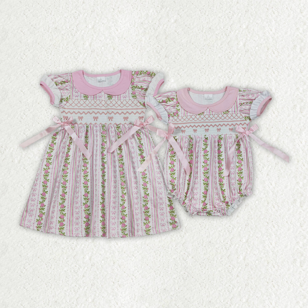 Smocked Embroidery Bows Baby Girls Flowers Stripe Knee Length Dresses Ruffle Rompers