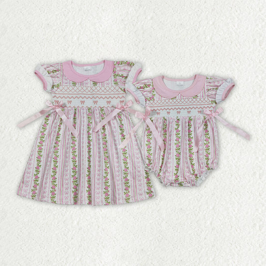 Smocked Embroidery Bows Baby Girls Flowers Stripe Knee Length Dresses Ruffle Rompers