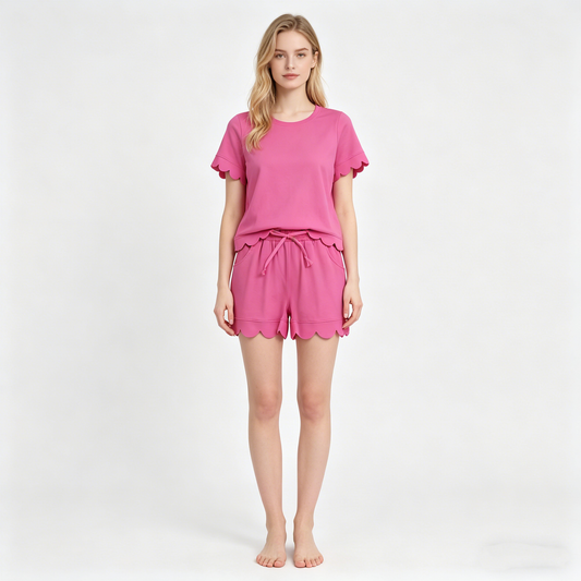 Adult Women Hot Pink Shorts Sleeve Top Pockets Short Cotton Scallop Clothes Sets
