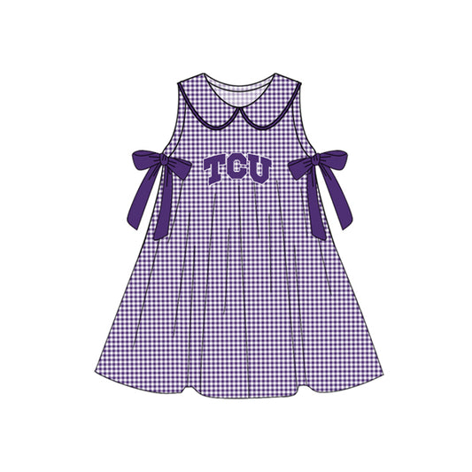 Preorder (moq 5)Baby Girls Purple Plaid Sleeveless Bows TCU Team Knee Length Dresses