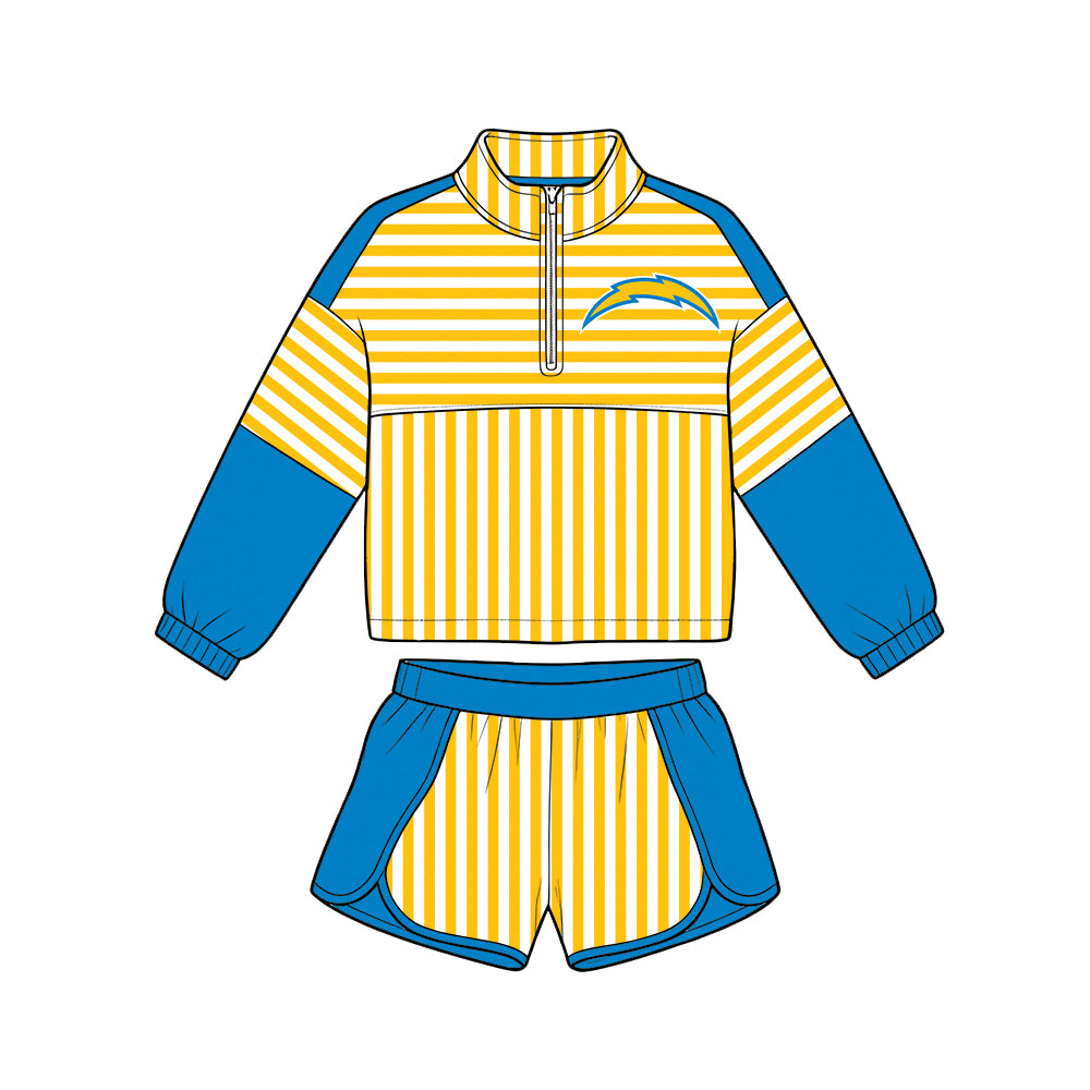 Preorder (moq 5)Baby Girls Orange Stripe Chargers Zip Pullovers Short Team Clothes Set