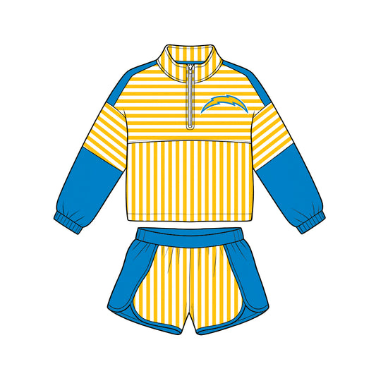 Preorder (moq 5)Baby Girls Orange Stripe Chargers Zip Pullovers Short Team Clothes Set
