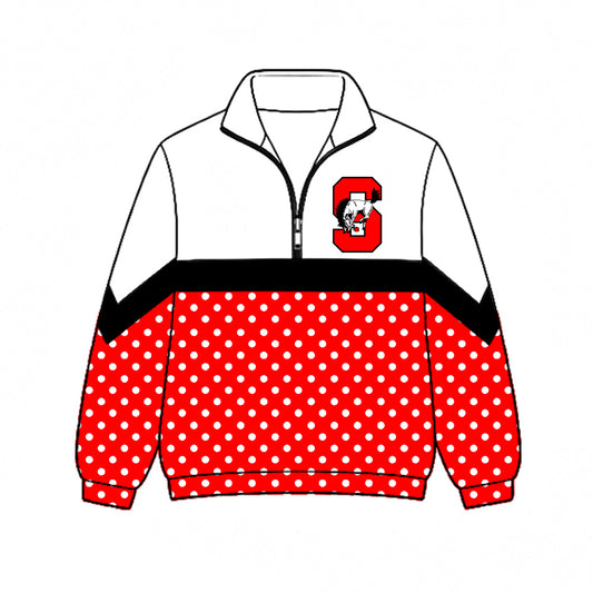 Preorder (moq 5)Baby Boys Red Polka Dots Seymour Bronco Team Zip Pullovers Top