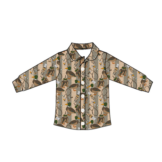 Preorder moq 10 Baby Boys Olive Long Sleeves Ducks Calls Button Shirts Top