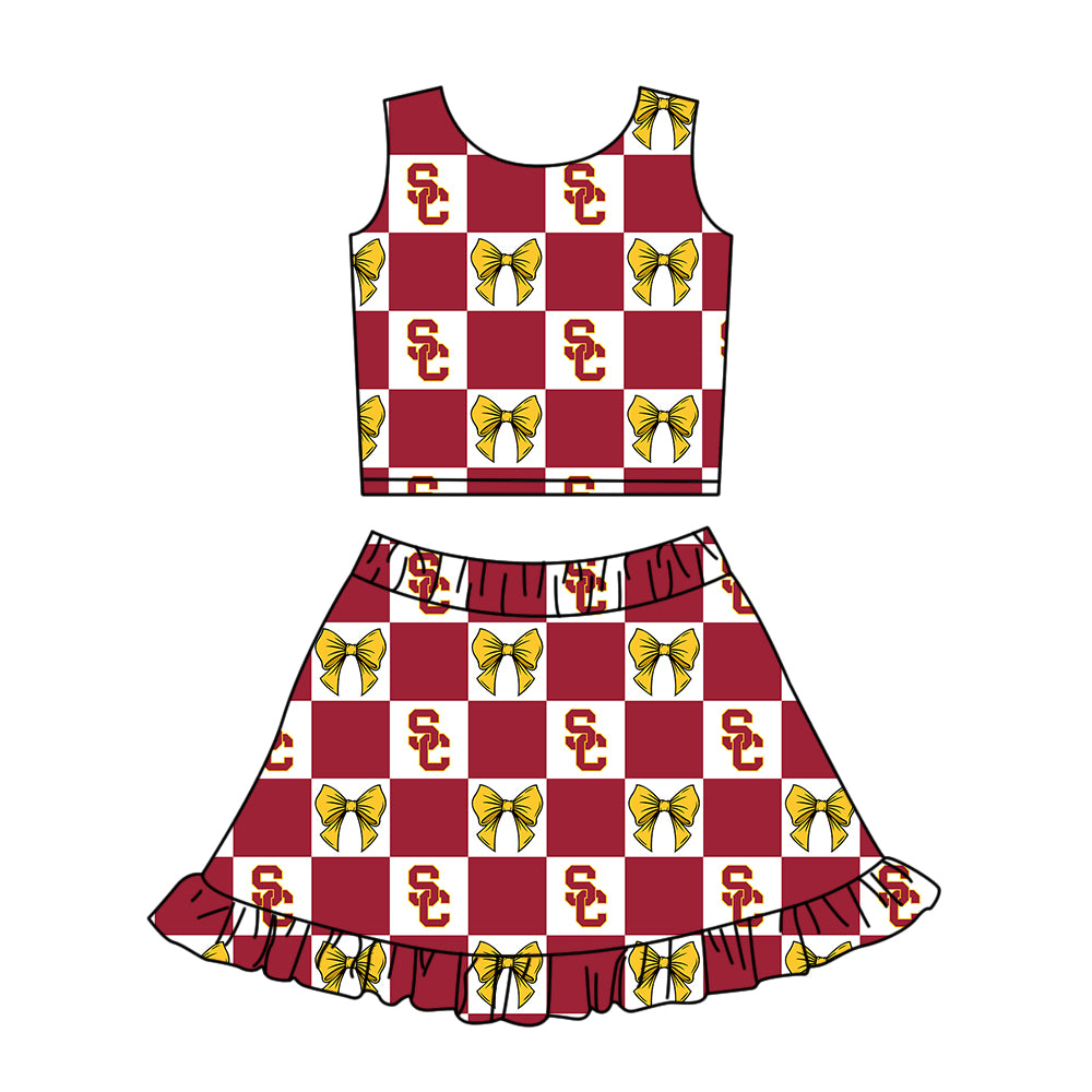 Preorder (moq 5)Baby Girls Red SC Bows Checked Vests Ruffle Skirt Short Team Clothes Sets