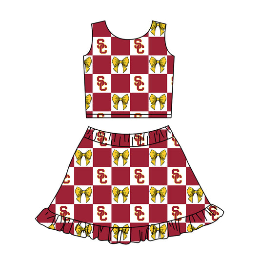 Preorder (moq 5)Baby Girls Red SC Bows Checked Vests Ruffle Skirt Short Team Clothes Sets