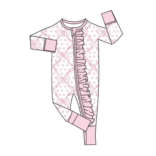 Preorder (moq 5) Baby Girls Pink Bows Hearts Valentines Two Way Ruffle Zip Convertible Rompers