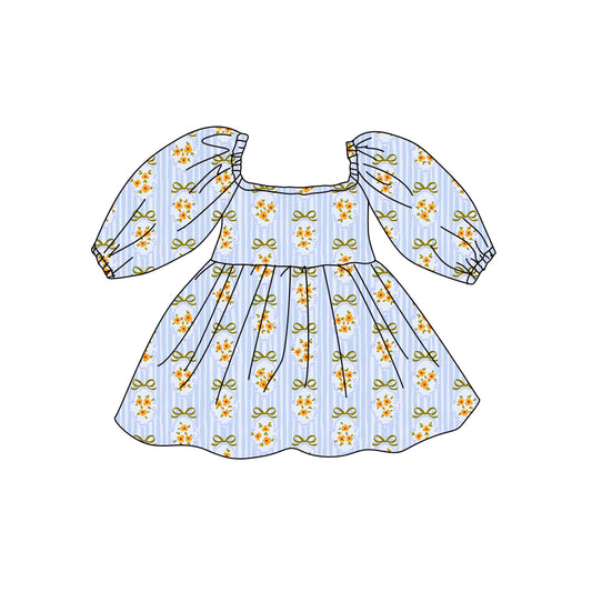 Preorder (moq 5)Baby Girls Long Sleeve Blue Stripe Bows Flowers Knee Length Dresses