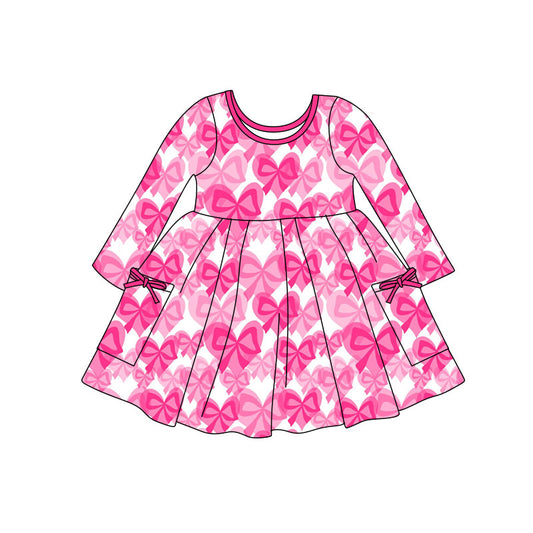 Preorder(moq 5) Baby Girls Pink Bows Plaid Pockets Valentine Knee Length Dresses