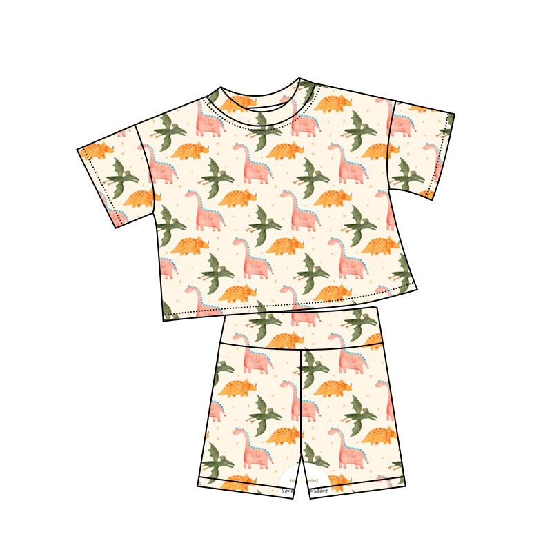 Preorder (moq 5)Baby Girls Colorful Dinosaurs Polka Dots Top Shorts Clothes Sets