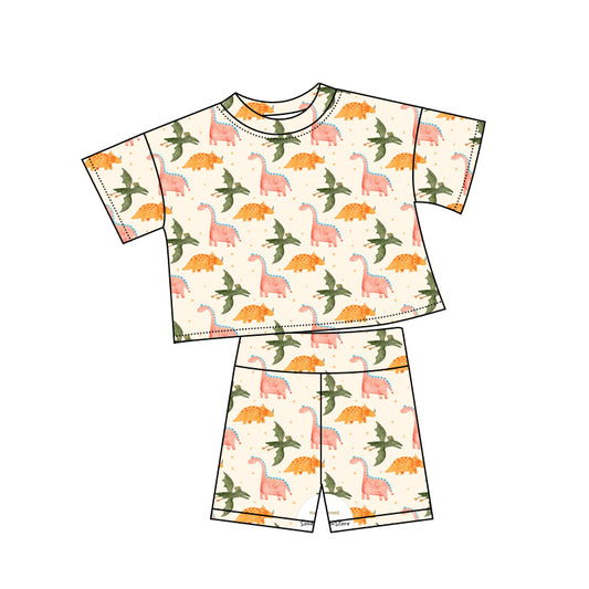 Preorder (moq 5)Baby Girls Colorful Dinosaurs Polka Dots Top Shorts Clothes Sets