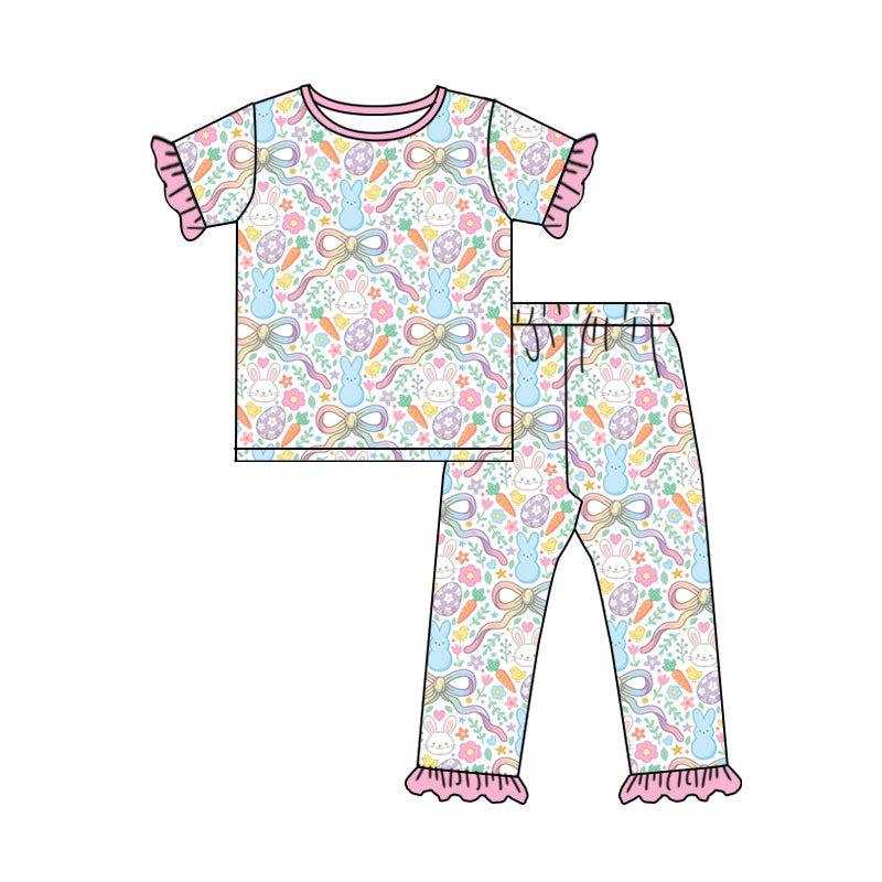 Preorder (moq 5) Baby Girl Clothes Pastel Easter Bunny Egg Bow Print Short Sleeve Ruffle Top Long Pants Outfit Set