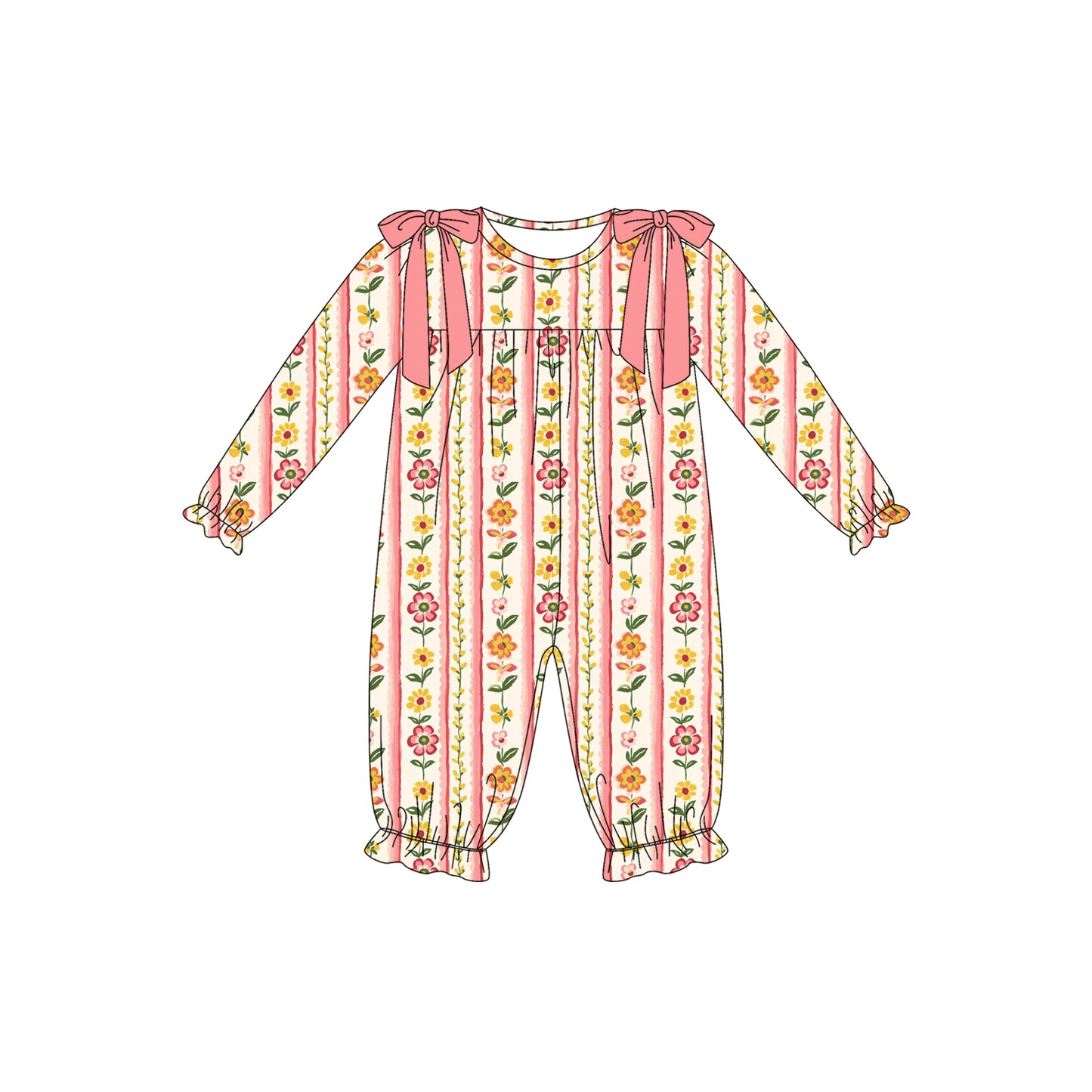 Preorder (moq 5)Baby Girls Long Ruffle Sleeve Flowers Stripe Pant Rompers