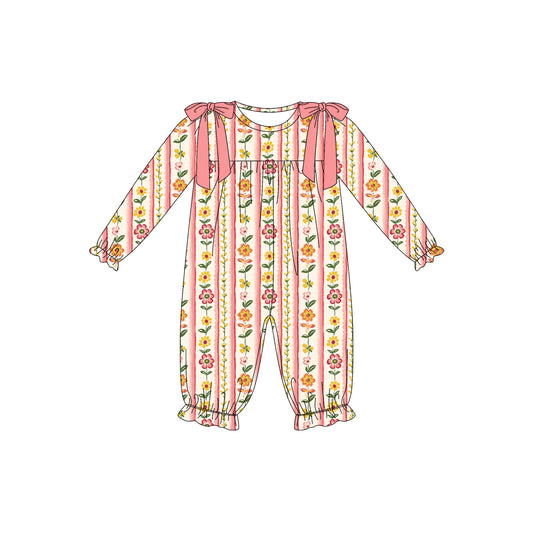 Preorder (moq 5)Baby Girls Long Ruffle Sleeve Flowers Stripe Pant Rompers