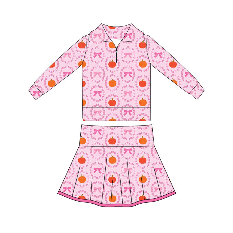 Preorder (moq 5)Baby Girls Bows Pumpkins Zip Pullovers Pleated Skirt Short Fall Clothes Sets