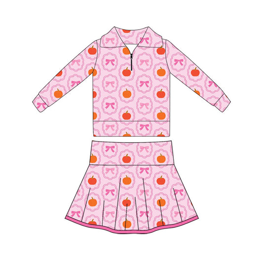 Preorder (moq 5)Baby Girls Bows Pumpkins Zip Pullovers Pleated Skirt Short Fall Clothes Sets