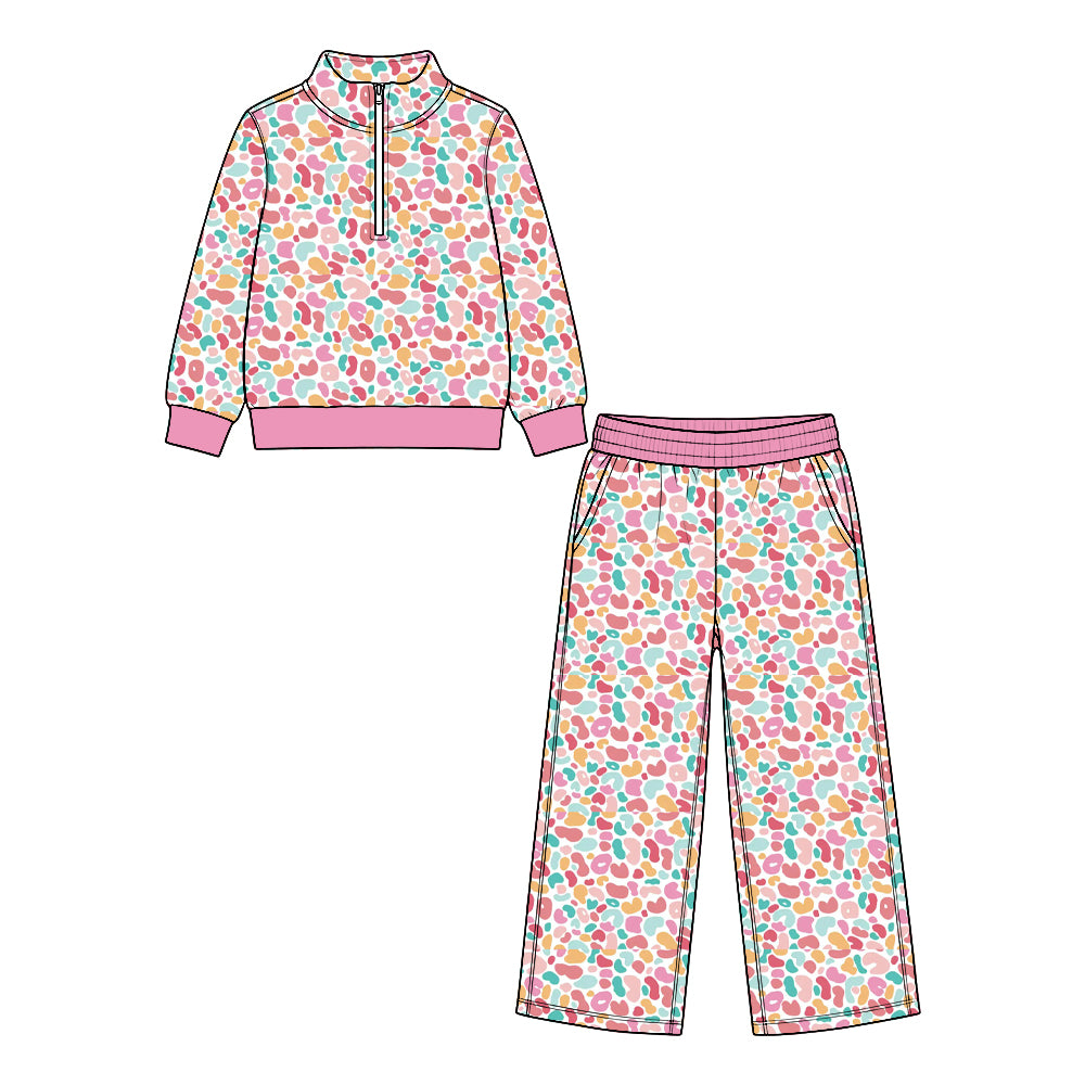 Preorder (moq 5) Baby Girl Clothes Colorful Abstract Dot Print Long Sleeve Half Zip Top Wide Leg Pant Set