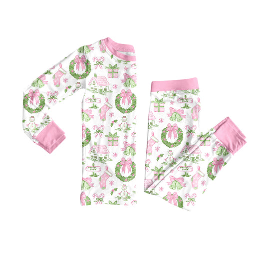 Preorder (moq 5)Baby Girls Long Sleeves Holly Bows Snowman Plaid Top Pants Pajamas Set