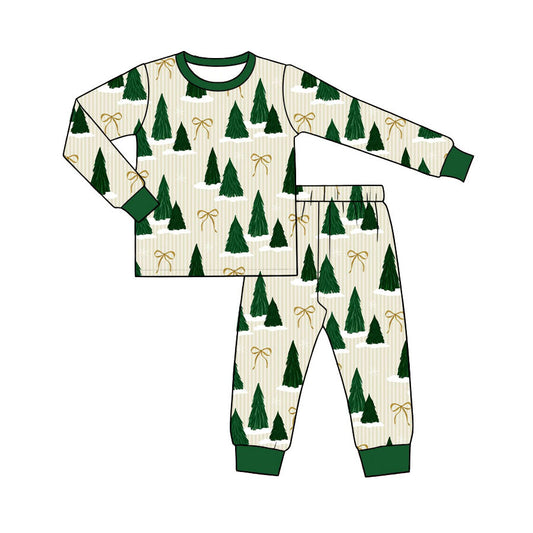 Preorder (moq 5)Baby Girls Green Stripe Bows Trees Top Pant Pajamas Set