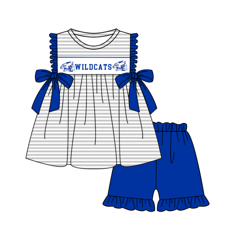 Preorder (moq 5)Baby Girls Wildcats Bows Stripe Tunic Ruffle Shorts Team Clothes Sets