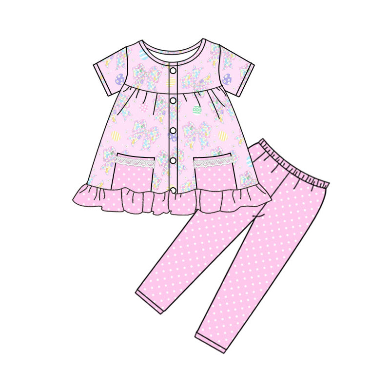 Preorder (moq 5)Baby Girls Flower Bows Eggs Button Pockets Tunic Leggings Easter Clothes Sets